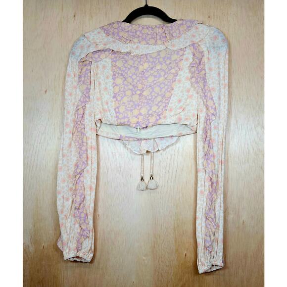 White/Pink/Purple/Peach Olivaceous Long Sleeve Floral Ruffle Crop Top Size Small - Picture 2 of 9